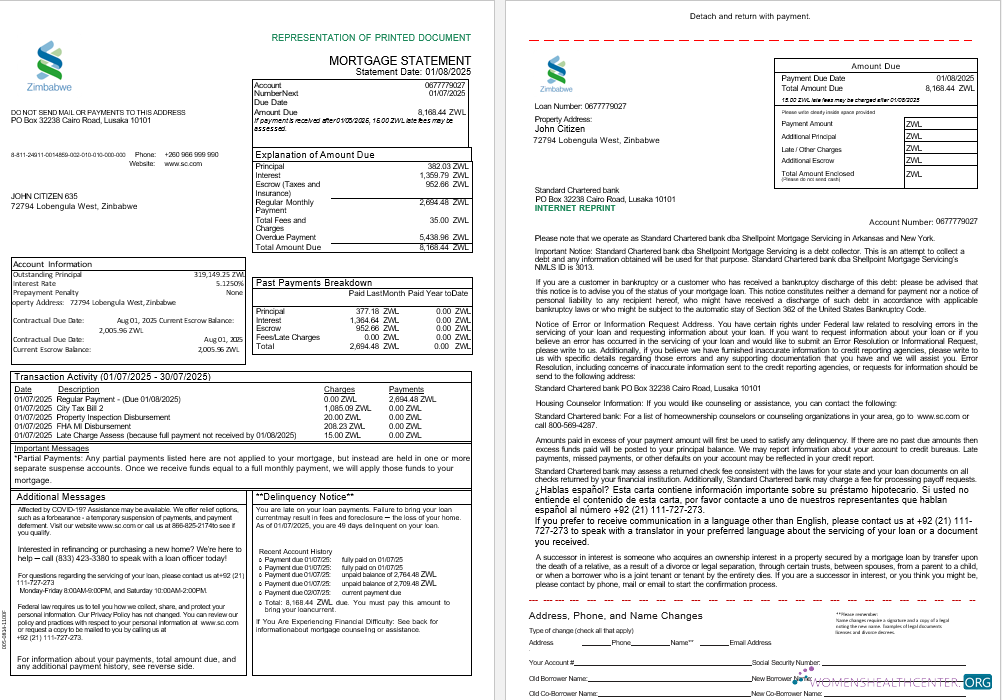 Zimbabwean Standard Chartered Bank mortgage statement in Word and PDF formats, 3 pages 1 2